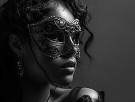 ai généré une Jeune magnifique Latin américain femme dans une carnaval masque. Nouveau années vacances, carnaval, anniversaire, venise. photoréaliste, monochrome, Contexte avec bokeh effet. ai généré. photo