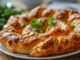 ai généré Oriental plat, Oriental cuisine. traditionnel turc Pâtisserie enveloppé dans pâte filo. turc Nom gul boregi ou gul Borek. nourriture illustration. photoréaliste, Contexte avec bokeh effet. photo