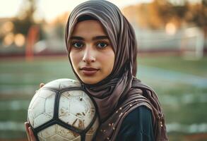 ai généré une musulman Jeune femme dans une hijab avec une football. portrait de un islamique femme Faire des sports dans fermer. photoréaliste Contexte avec bokeh effet. ai généré. photo