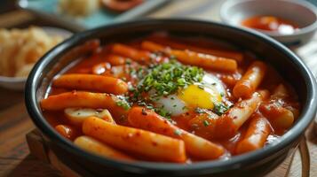 ai généré tteokbokki sur le assiette sur en bois tableau. Oriental cuisine. coréen plat dans fermer. photoréaliste. ai généré. photo