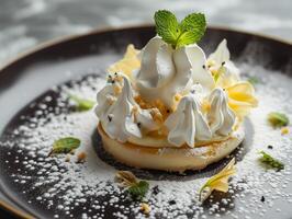 ai généré Meringue tarte tartelette avec menthe et baies. desserts pour thé traiter. nourriture illustration. photoréaliste. ai généré. photo