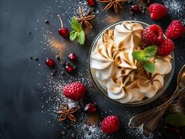 ai généré dessert avec Meringue, gâteau, tarte décoré avec Meringue, baies, fleurs. Haut voir, une endroit à copie. photoréaliste. ai généré.. photo