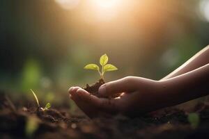 ai généré une vert germer dans Humain palmiers. idée de écologique concept, environnement protection. Terre journée. Naturel arrière-plan, parc, forêt. photoréaliste, Contexte avec bokeh effet. photo