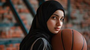 ai généré une musulman Jeune femme dans une hijab avec une basket-ball. portrait de un islamique femme Faire des sports dans fermer. photoréaliste Contexte avec bokeh effet. ai généré. photo