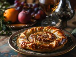 ai généré Oriental plat, Oriental cuisine. traditionnel turc Pâtisserie enveloppé dans pâte filo. turc Nom gul boregi ou gul Borek. nourriture illustration. photoréaliste, Contexte avec bokeh effet. photo