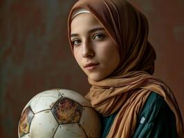 ai généré une musulman Jeune femme dans une hijab avec une football. portrait de un islamique femme Faire des sports dans fermer. photoréaliste Contexte avec bokeh effet. ai généré. photo