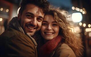 ai généré selfie de une couple dans l'amour dans le ville. photo