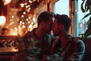 ai généré magnifique gay couple dans café. photo