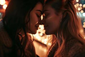 ai généré fermer portrait de deux magnifique Jeune femmes dans l'amour embrassement chaque autre photo