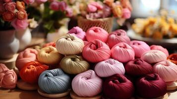 ai généré fils pour tricot et broder artisanat de différent couleurs sur en bois des stands. doux couleurs. photo pour bannière.