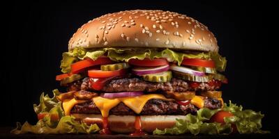 ai généré délicieux gros Burger avec du boeuf Viande galettes, fromage, et légumes verts. ai génératif photo