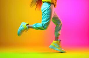 ai généré fille Danse dans coloré baskets sur Jaune et lumière vert Contexte photo