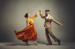 ai généré Jeune couple de salle de bal Danse dansant sur gris studio Contexte photo