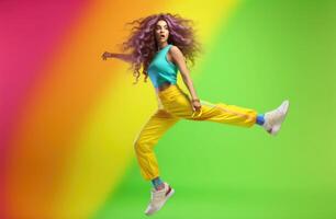 ai généré fille Danse dans coloré baskets sur Jaune et lumière vert Contexte photo