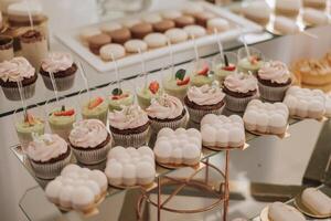 amande biscuits et divers sucré Gâteaux pour une mariage banquet. une délicieux réception, une luxueux cérémonie. table avec bonbons et desserts. délicieux coloré français desserts sur une assiette ou tableau. photo