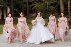 groupe portrait de le la mariée et demoiselles d'honneur. la mariée dans une mariage robe et demoiselles d'honneur dans rose ou poudre Robes et en portant élégant bouquets sur le mariage journée. photo