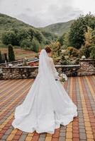 une roux la mariée dans un élégant robe avec longue manches et une magnifique ornement dans sa cheveux, pose avec sa épaules tourné à le caméra sur le Contexte de montagnes. longue train de le robe. photo