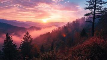 ai généré Montagne paysage avec boisé collines avec brouillard dans le vallée à lever du soleil. Stupéfiant Naturel paysage photo