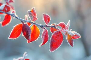 ai généré congelé forsythia avec rouge feuilles le premier gelées, gel et givre. de bonne heure l'hiver. photo