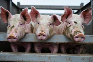 ai généré les cochons dans un camion transport de ferme à abattoir. Viande industrie. animal Viande marché. photo