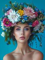 ai généré beauté femme portrait avec couronne de fleurs sur tête bleu Contexte photo