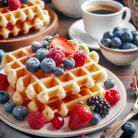 ai généré délicieux viennois gaufres pour petit-déjeuner, une sucré et satisfaisant dessert aimé par les enfants. témoin le fermer détails de Belge gaufres orné avec juteux baies photo