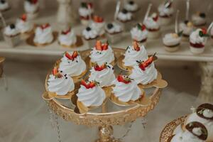 amande biscuits et divers sucré Gâteaux pour une mariage banquet. une délicieux réception, une luxueux cérémonie. table avec bonbons et desserts. délicieux coloré français desserts sur une assiette ou tableau. photo