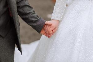 portrait. le la mariée et jeune marié sont en portant mains. accentuation sur mains. une marcher dans le forêt. hiver mariage photo