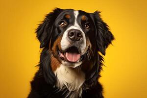 ai généré portrait de une bernois Montagne chien sur une Jaune arrière-plan, copie espace. photo