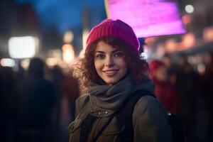 ai généré portrait de magnifique Jeune femme avec frisé cheveux dans chapeau et écharpe sur le rue à nuit. photo