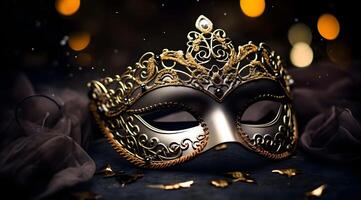 ai généré traditionnel noir carnaval masque sur une foncé Contexte avec bokeh. photo