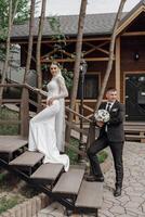 portrait. une la mariée dans un élégant longue robe et une jeune marié dans une noir costume pose par une en bois balustrade. mariage dans la nature photo