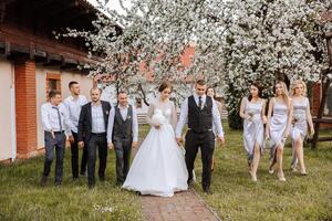 toute la longueur portrait de le jeunes mariés et leur copains à le mariage. le la mariée et jeune marié avec demoiselles d'honneur et copains de le jeune marié sont ayant amusement et réjouissance à le mariage. photo