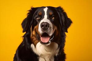 ai généré portrait de content souriant bernois Montagne chien sur Contexte. photo