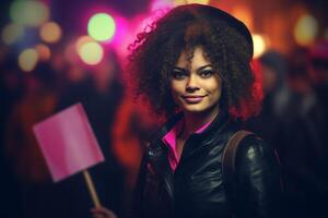 ai généré portrait de magnifique Jeune femme avec afro coiffure dans le ville photo