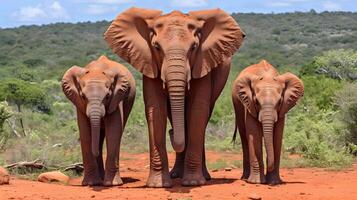ai généré Trois éléphants dans le savane. photo
