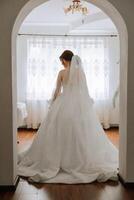 une luxueux la mariée avec une magnifique coiffure et une magnifique robe est avoir prêt pour le mariage la cérémonie dans le Matin. Matin photo de le la mariée à Accueil ou dans une Hôtel chambre. professionnel se maquiller.