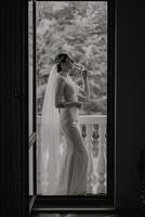 mariage noir et blanc portrait. le la mariée est posant dans un élégant mariage robe. Matin de le la mariée. magnifique cheveux et maquillage photo