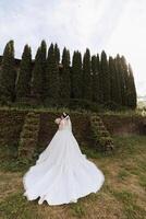 brunette la mariée dans une de dentelle blanc robe avec une longue former, posant avec une bouquet de blanc et rose fleurs, contre le Contexte de des arbres. le voile est dans le air. magnifique cheveux et se maquiller. photo