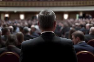 ai généré orateur donnant une parler à affaires réunion. public dans le conférence salle. neural réseau ai généré photo