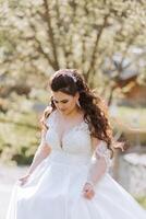 frisé brunette la mariée pose enveloppé dans une voile contre le Contexte de montagnes et en bois Maisons. magnifique robe avec longue manches, ouvert bousiller. été mariage photo