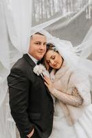 mariage couple dans l'amour. une magnifique la mariée et un élégant jeune marié tendrement embrasse et prendre plaisir le journée. une élégant couple de jeunes mariés. concept de mariage photo