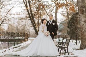 hiver mariage. content couple en marchant dans mariage vêtements étreindre et souriant dans une hiver parc couvert avec neige sur leur mariage journée. hiver l'amour récit de une magnifique couple dans neigeux hiver temps photo