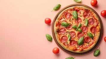 ai généré Haut vers le bas pepperoni Pizza délice esthétique photo