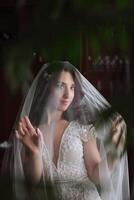 une magnifique magnifique portrait de une Jeune la mariée. magnifique la mariée avec mariage maquillage et bijoux couronne sur longue frisé cheveux. mariage photo modèle avec marron yeux dans une magnifique intérieur.