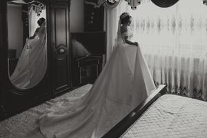 une luxueux la mariée avec une magnifique coiffure et une magnifique robe est avoir prêt pour le mariage la cérémonie dans le Matin. Matin photo de le la mariée à Accueil ou dans une Hôtel chambre. professionnel se maquiller.