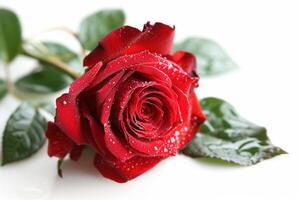 ai généré romantique rouge Rose avec rosée, isolé photo