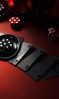 ai généré poker visage fond d'écran. une rouge table surmonté avec noir et blanc dé photo