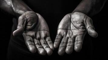 ai généré tendu mains dans noir et blanc photo