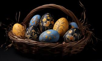 ai généré Pâques des œufs dans une panier sur une foncé Contexte. généré par artificiel intelligence. photo